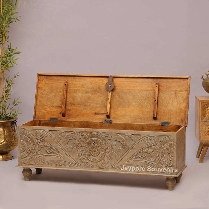 Hand-Carved Wooden Storage Trunk with Floral Panel