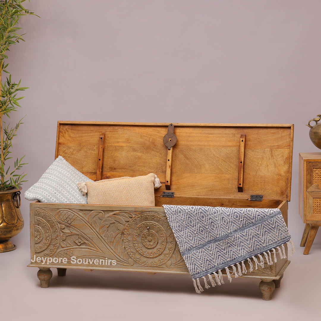 Hand-Carved Wooden Storage Trunk with Floral Panel