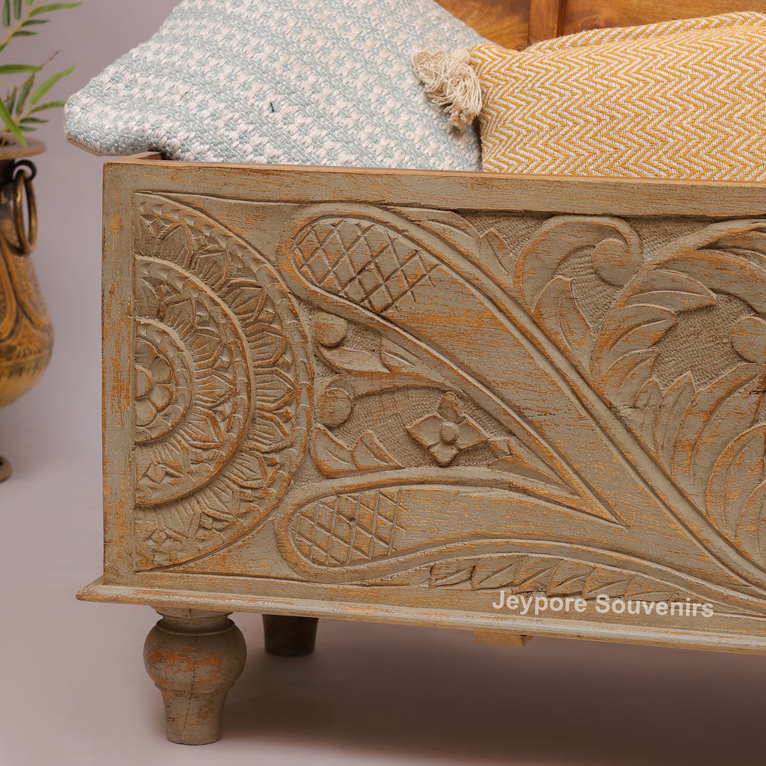 Hand-Carved Wooden Storage Trunk with Floral Panel