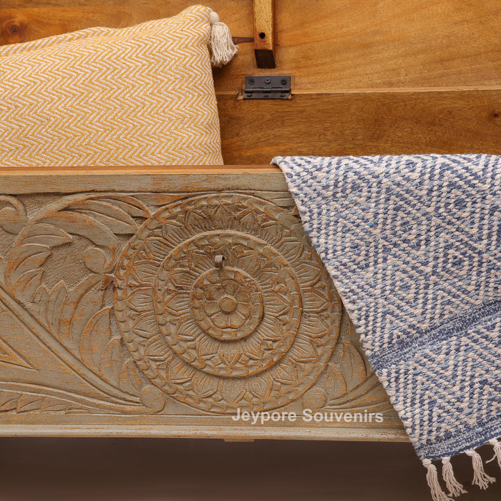 Hand-Carved Wooden Storage Trunk with Floral Panel