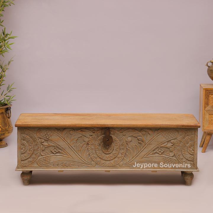 Hand-Carved Wooden Storage Trunk with Floral Panel