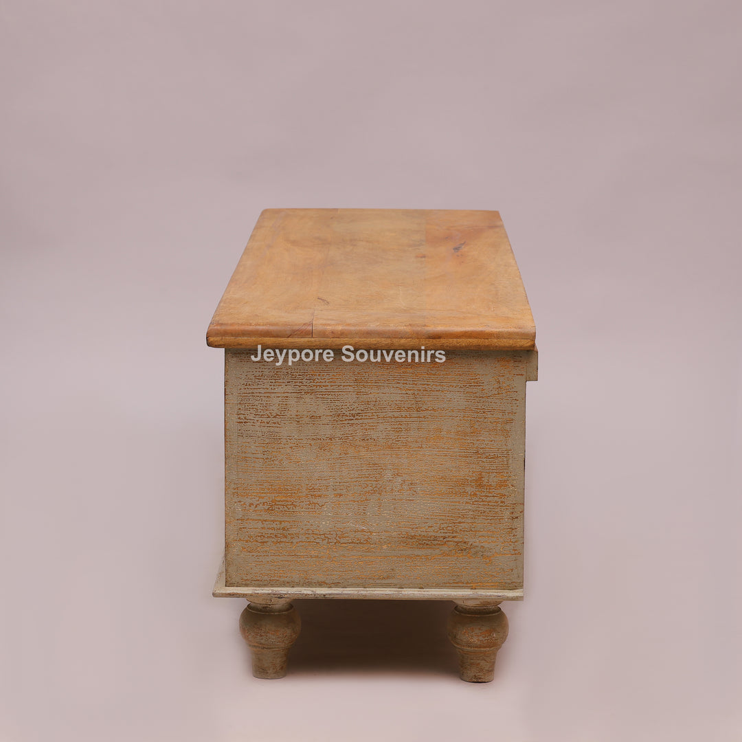 Hand-Carved Wooden Storage Trunk with Floral Panel