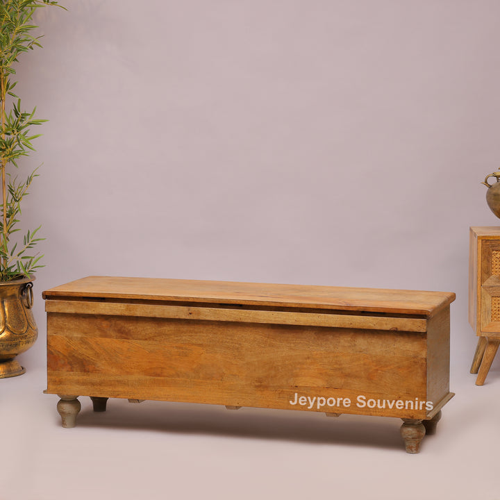 Hand-Carved Wooden Storage Trunk with Floral Panel