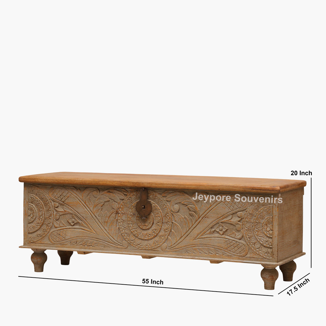 Hand-Carved Wooden Storage Trunk with Floral Panel