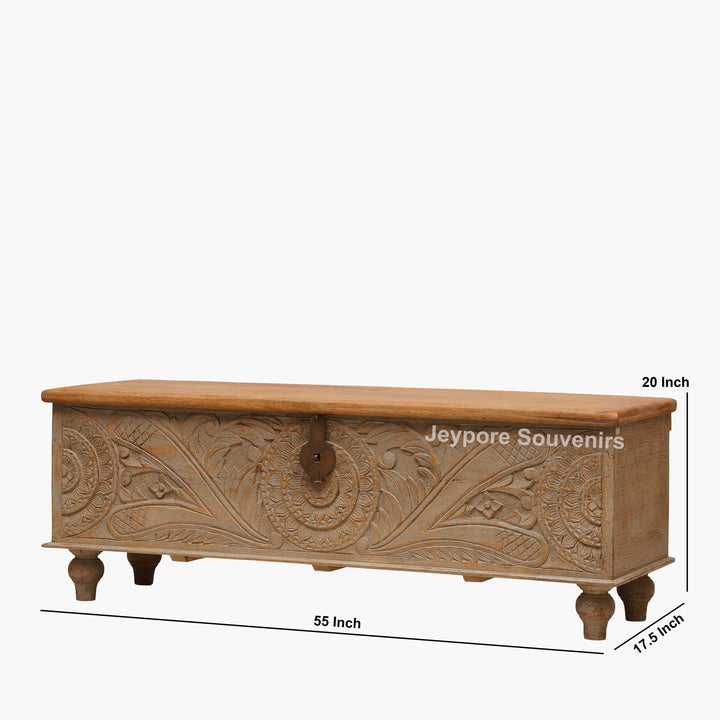 Hand-Carved Wooden Storage Trunk with Floral Panel