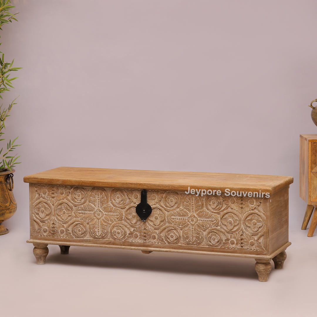 Hand-Carved Solid Mango Wood Storage Trunk with Traditional Floral Design