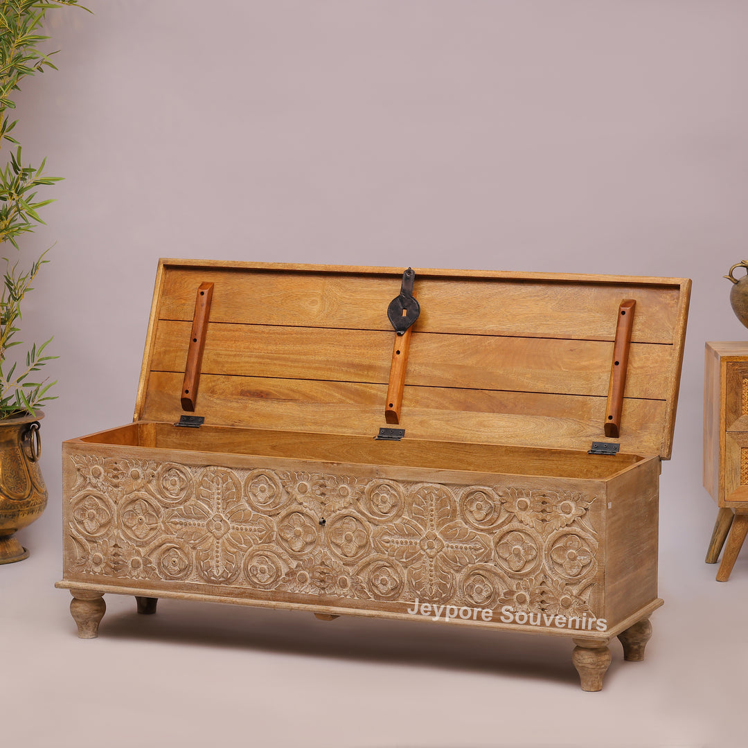 Hand-Carved Solid Mango Wood Storage Trunk with Traditional Floral Design