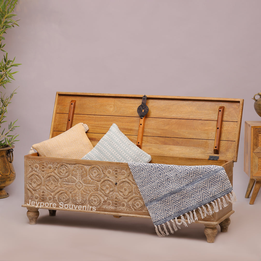 Hand-Carved Solid Mango Wood Storage Trunk with Traditional Floral Design