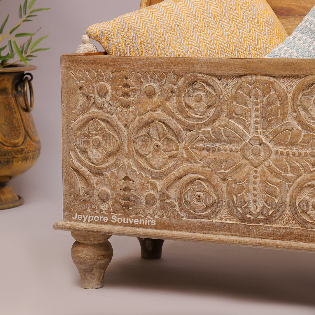 Hand-Carved Solid Mango Wood Storage Trunk with Traditional Floral Design