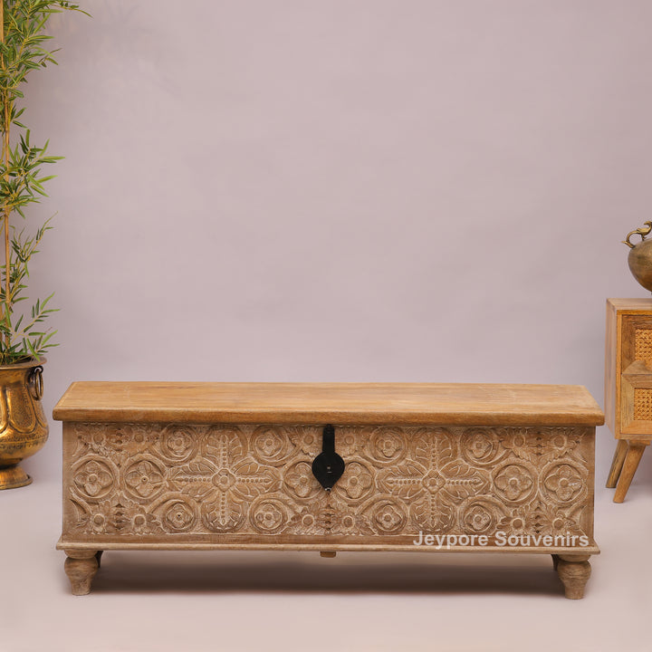 Hand-Carved Solid Mango Wood Storage Trunk with Traditional Floral Design