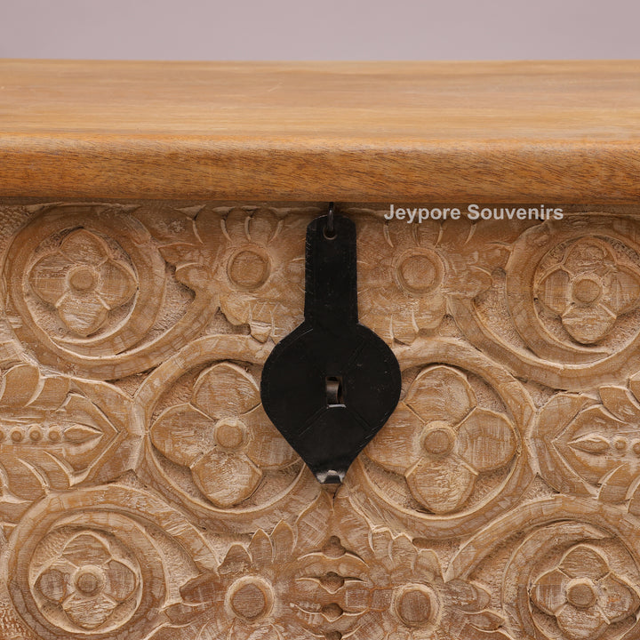 Hand-Carved Solid Mango Wood Storage Trunk with Traditional Floral Design