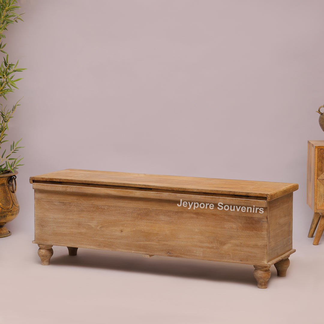 Hand-Carved Solid Mango Wood Storage Trunk with Traditional Floral Design