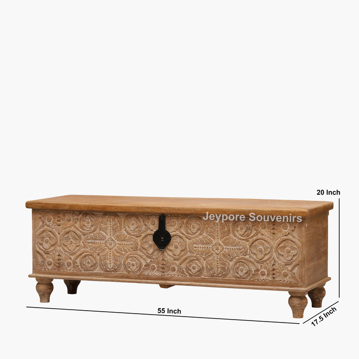 Hand-Carved Solid Mango Wood Storage Trunk with Traditional Floral Design