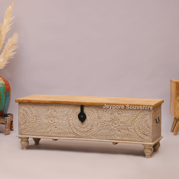 Hand-Carved Solid Wood Storage Trunk with Natural Wood Top