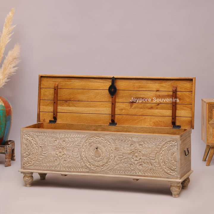 Hand-Carved Solid Wood Storage Trunk with Natural Wood Top