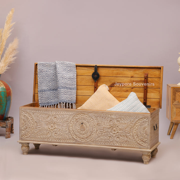 Hand-Carved Solid Wood Storage Trunk with Natural Wood Top