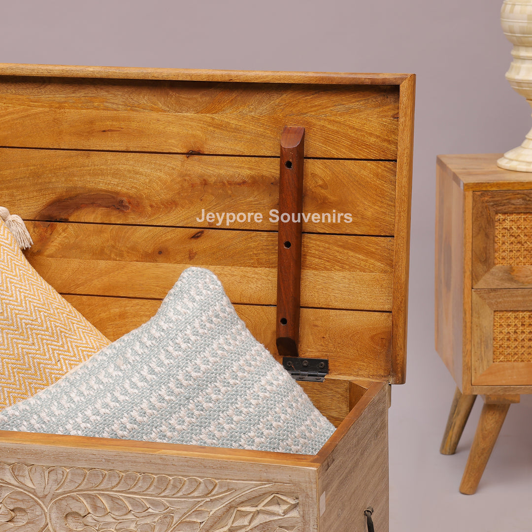 Hand-Carved Solid Wood Storage Trunk with Natural Wood Top