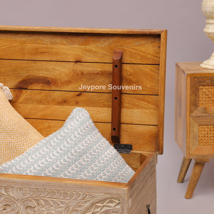 Hand-Carved Solid Wood Storage Trunk with Natural Wood Top