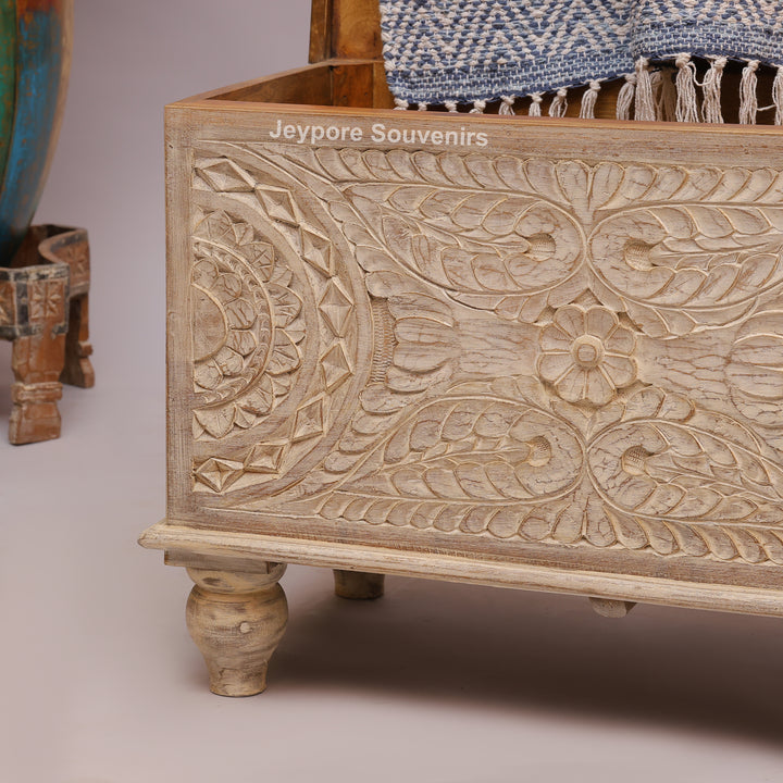 Hand-Carved Solid Wood Storage Trunk with Natural Wood Top