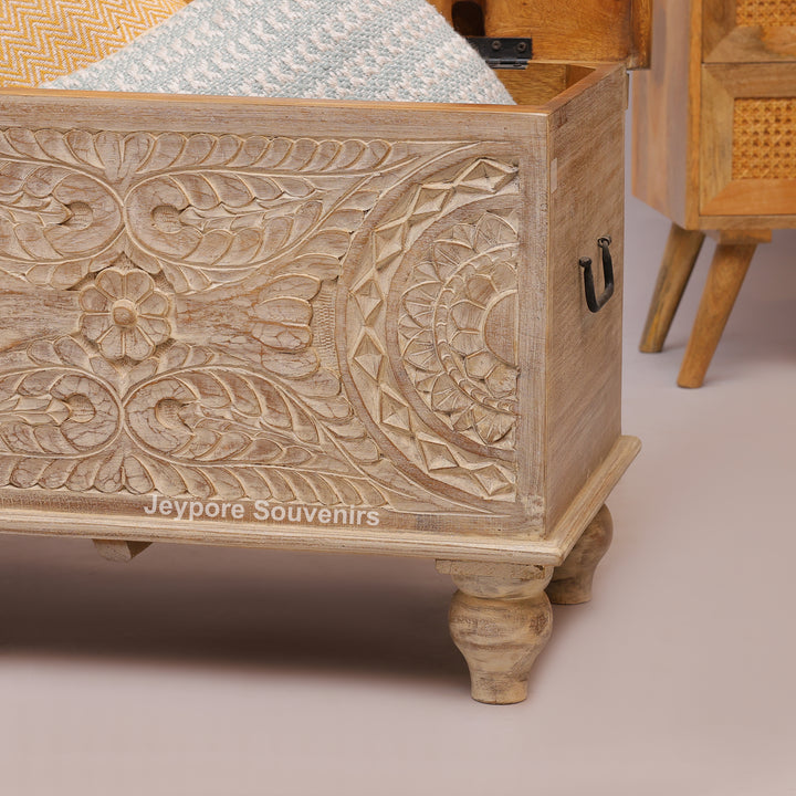Hand-Carved Solid Wood Storage Trunk with Natural Wood Top