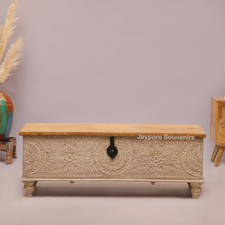 Hand-Carved Solid Wood Storage Trunk with Natural Wood Top