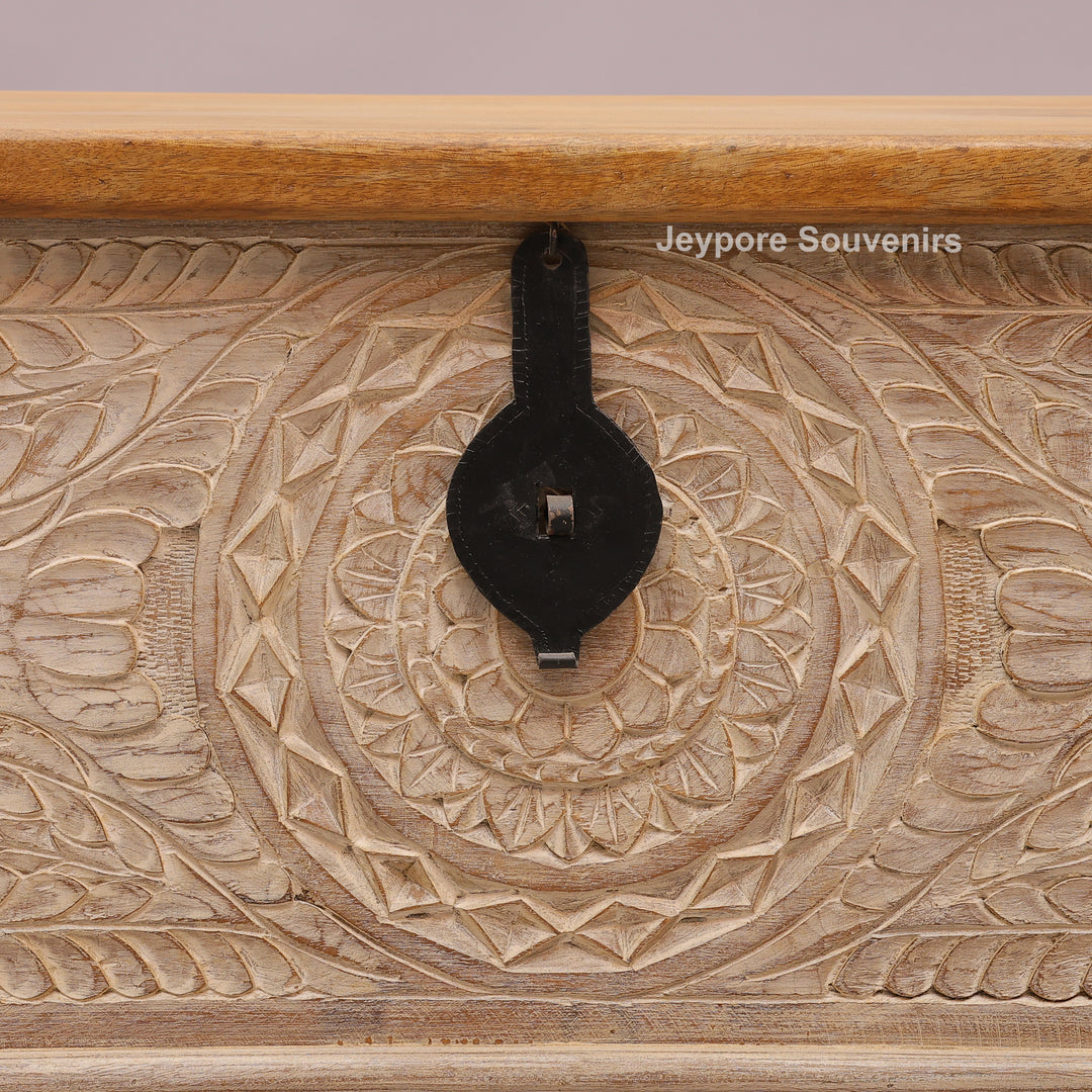 Hand-Carved Solid Wood Storage Trunk with Natural Wood Top