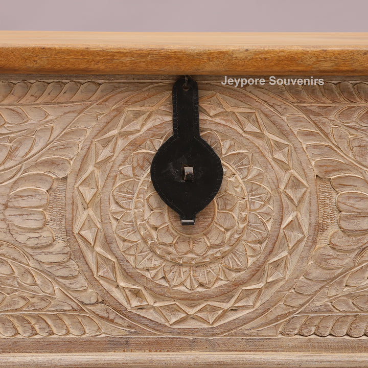 Hand-Carved Solid Wood Storage Trunk with Natural Wood Top