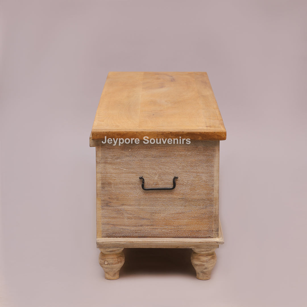 Hand-Carved Solid Wood Storage Trunk with Natural Wood Top