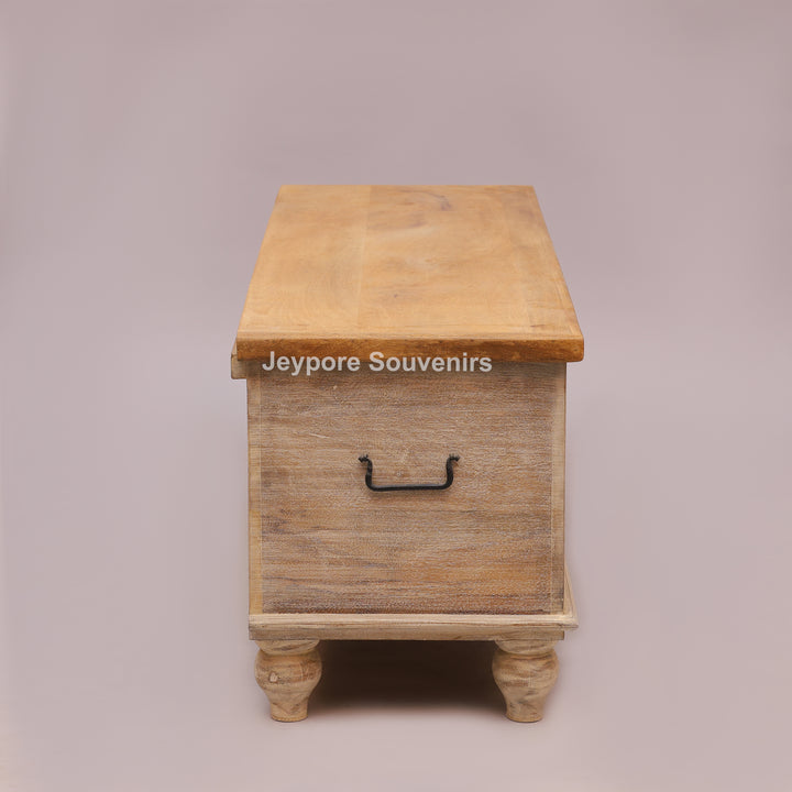 Hand-Carved Solid Wood Storage Trunk with Natural Wood Top