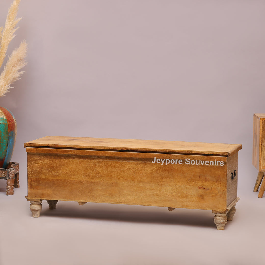 Hand-Carved Solid Wood Storage Trunk with Natural Wood Top