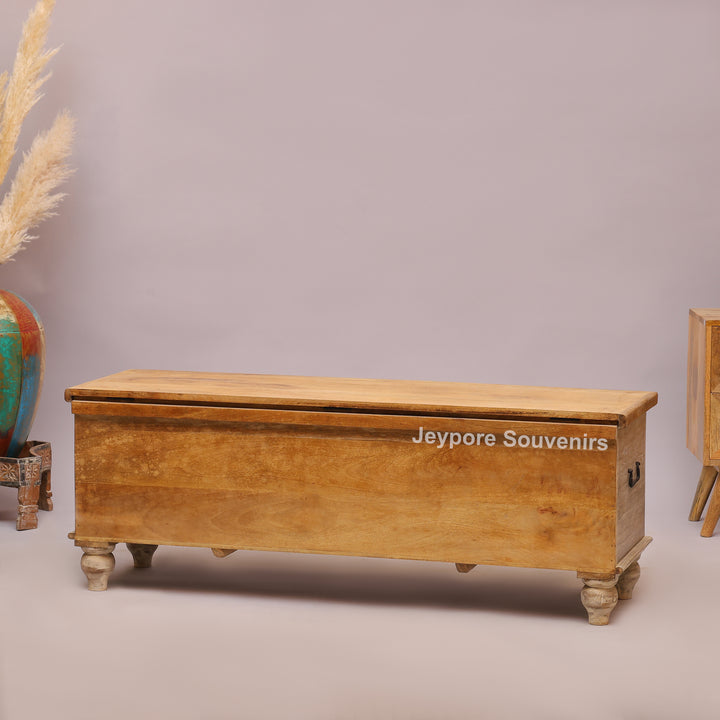 Hand-Carved Solid Wood Storage Trunk with Natural Wood Top