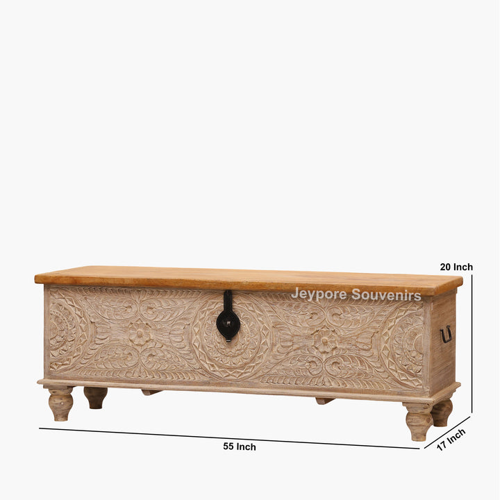 Hand-Carved Solid Wood Storage Trunk with Natural Wood Top