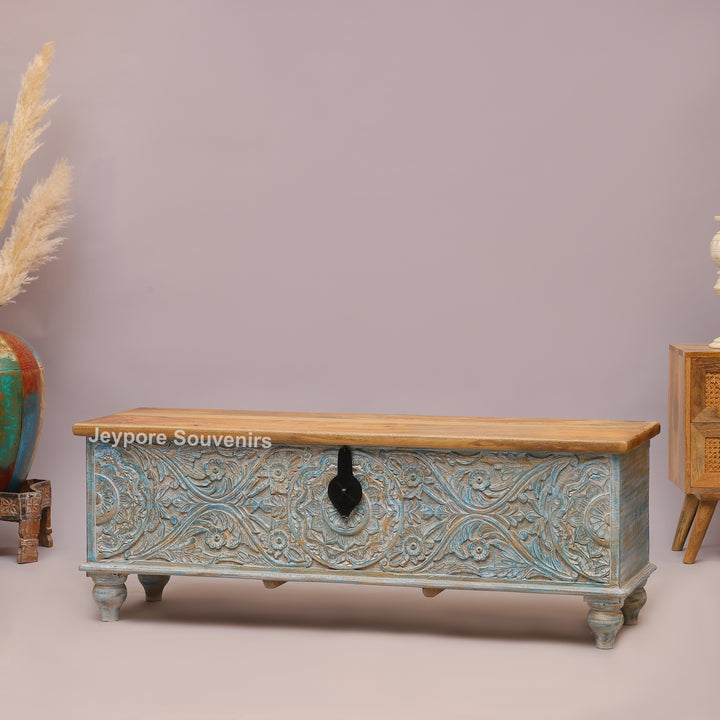 Hand-Carved Solid Wood Storage Trunk with Distressed Sky-Blue Finish