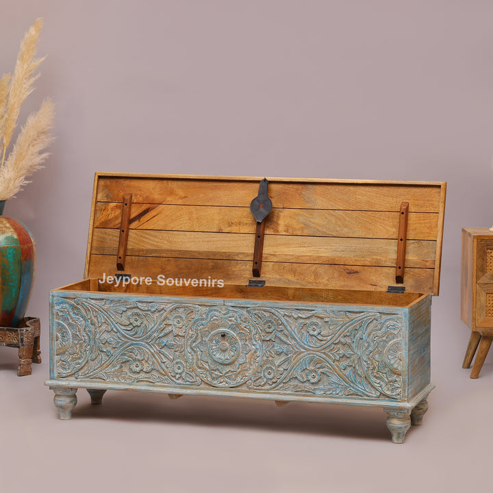 Hand-Carved Solid Wood Storage Trunk with Distressed Sky-Blue Finish