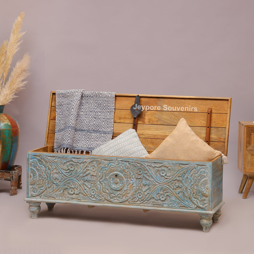 Hand-Carved Solid Wood Storage Trunk with Distressed Sky-Blue Finish