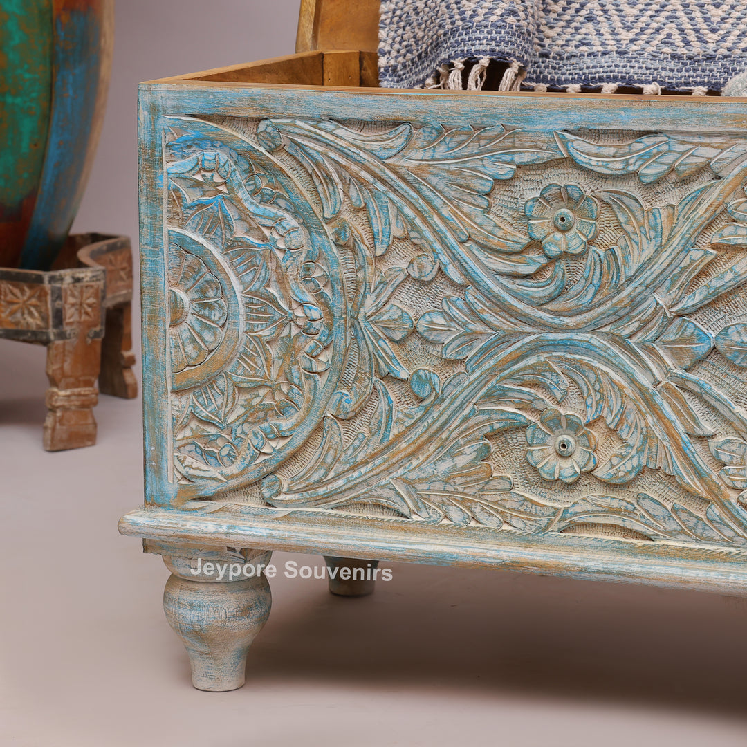 Hand-Carved Solid Wood Storage Trunk with Distressed Sky-Blue Finish