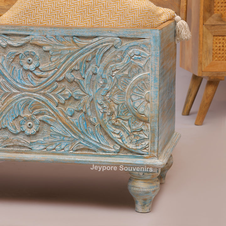 Hand-Carved Solid Wood Storage Trunk with Distressed Sky-Blue Finish