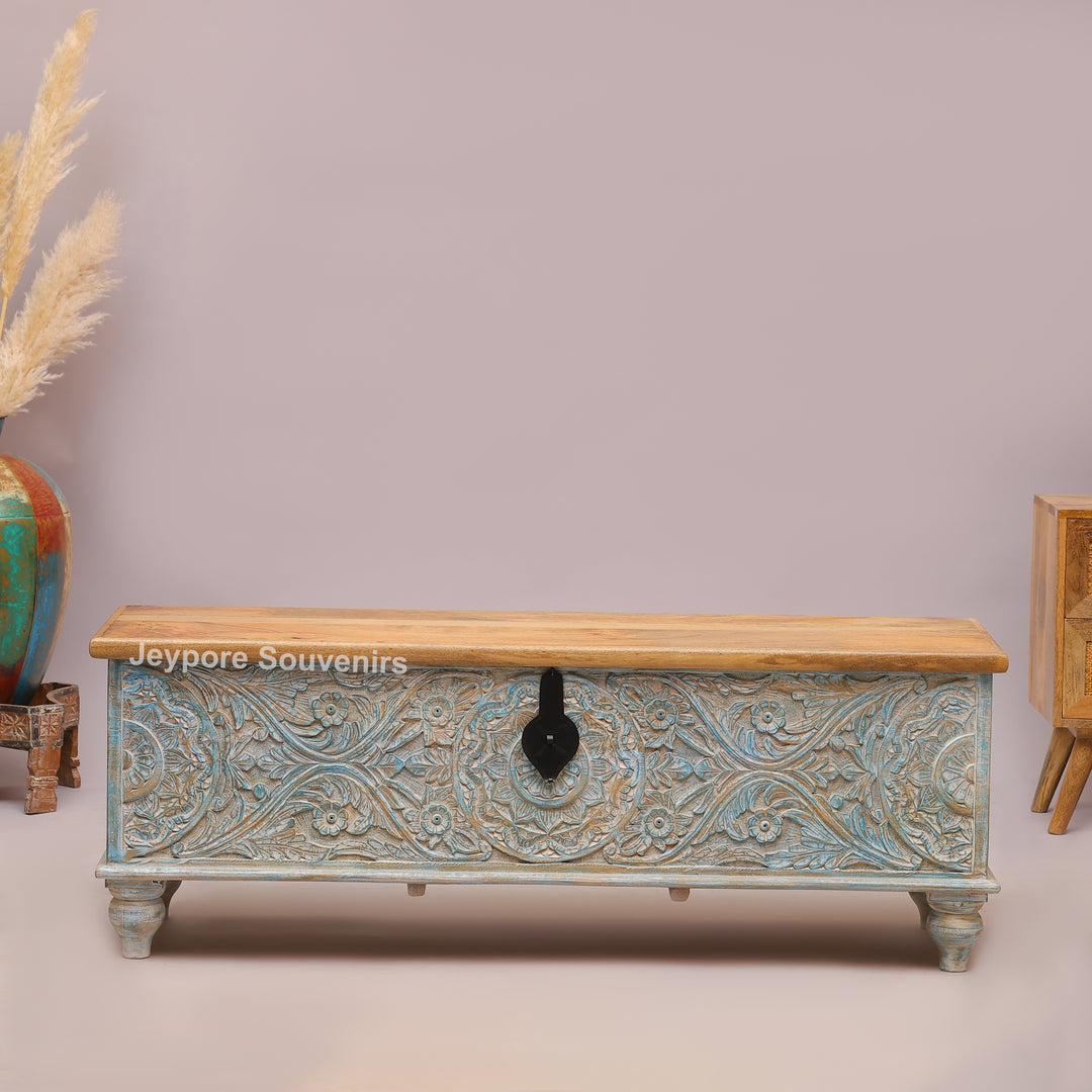 Hand-Carved Solid Wood Storage Trunk with Distressed Sky-Blue Finish