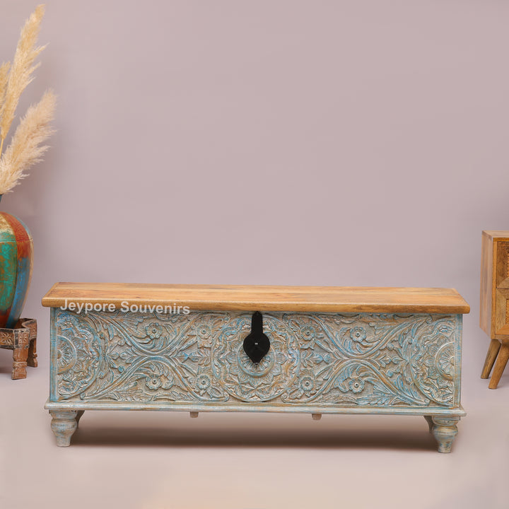 Hand-Carved Solid Wood Storage Trunk with Distressed Sky-Blue Finish