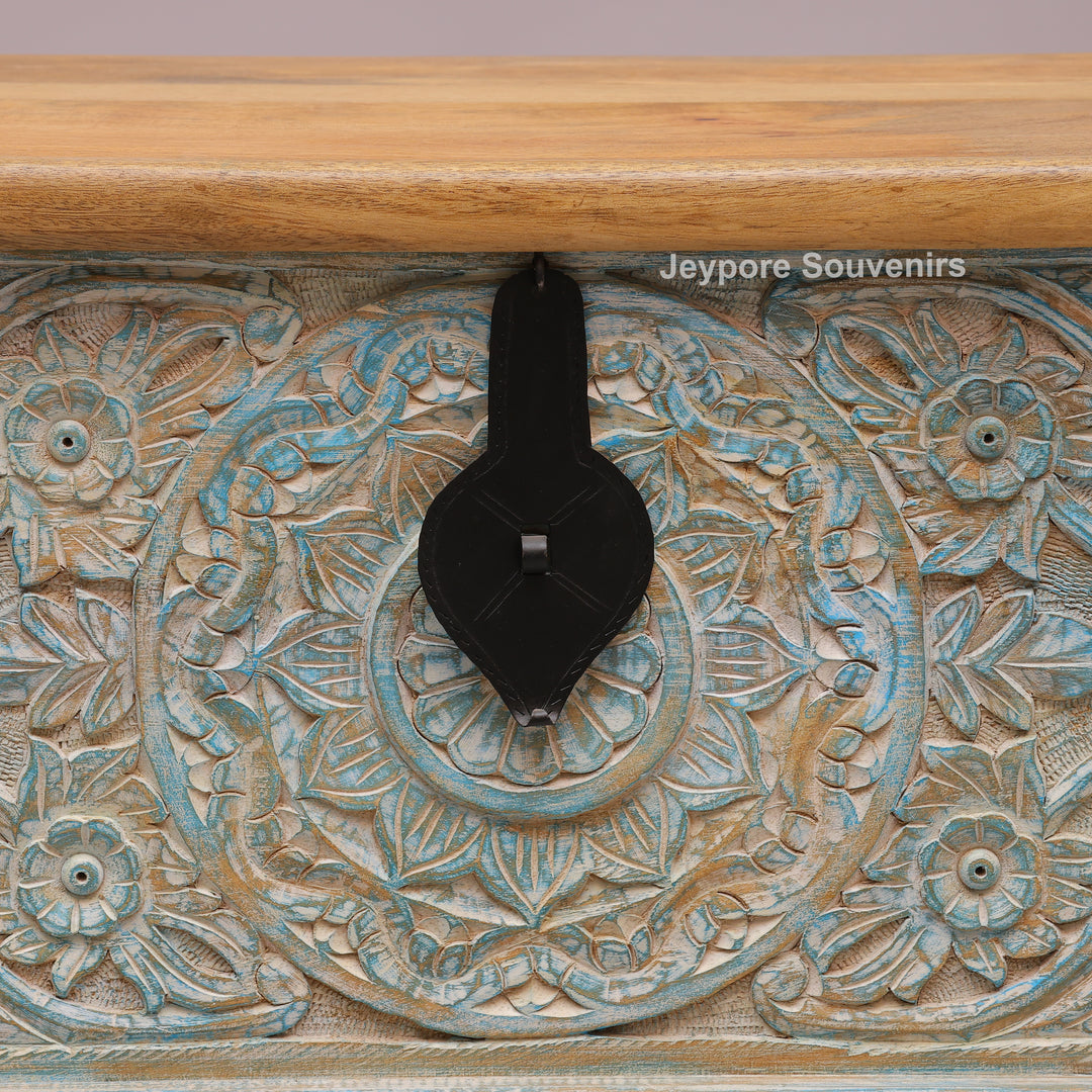Hand-Carved Solid Wood Storage Trunk with Distressed Sky-Blue Finish