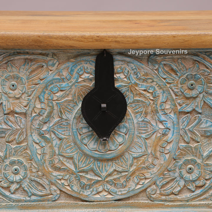 Hand-Carved Solid Wood Storage Trunk with Distressed Sky-Blue Finish