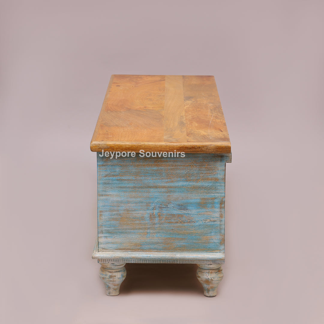 Hand-Carved Solid Wood Storage Trunk with Distressed Sky-Blue Finish