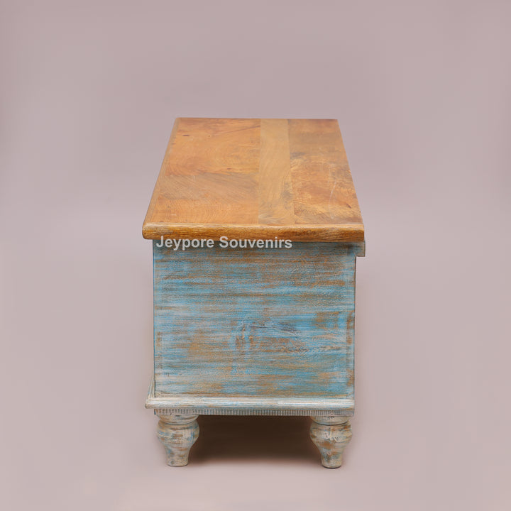 Hand-Carved Solid Wood Storage Trunk with Distressed Sky-Blue Finish