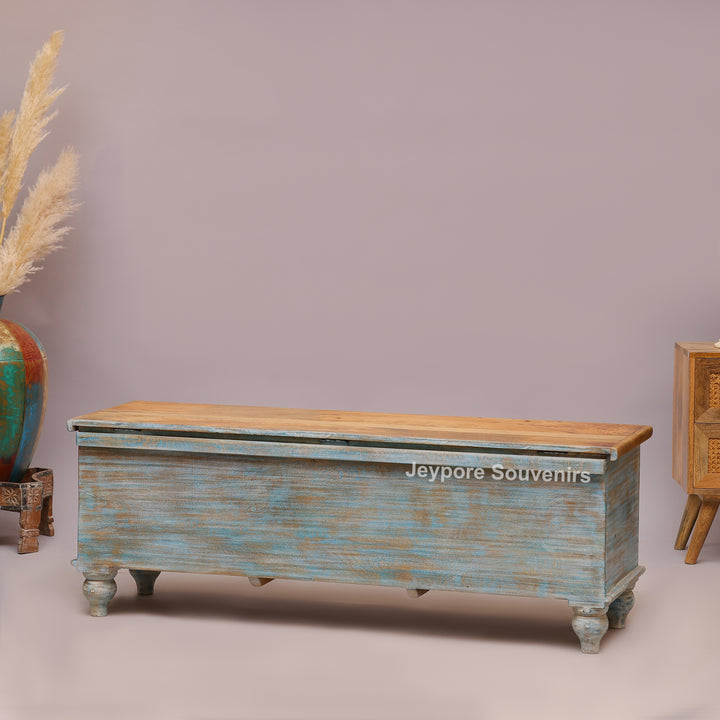 Hand-Carved Solid Wood Storage Trunk with Distressed Sky-Blue Finish