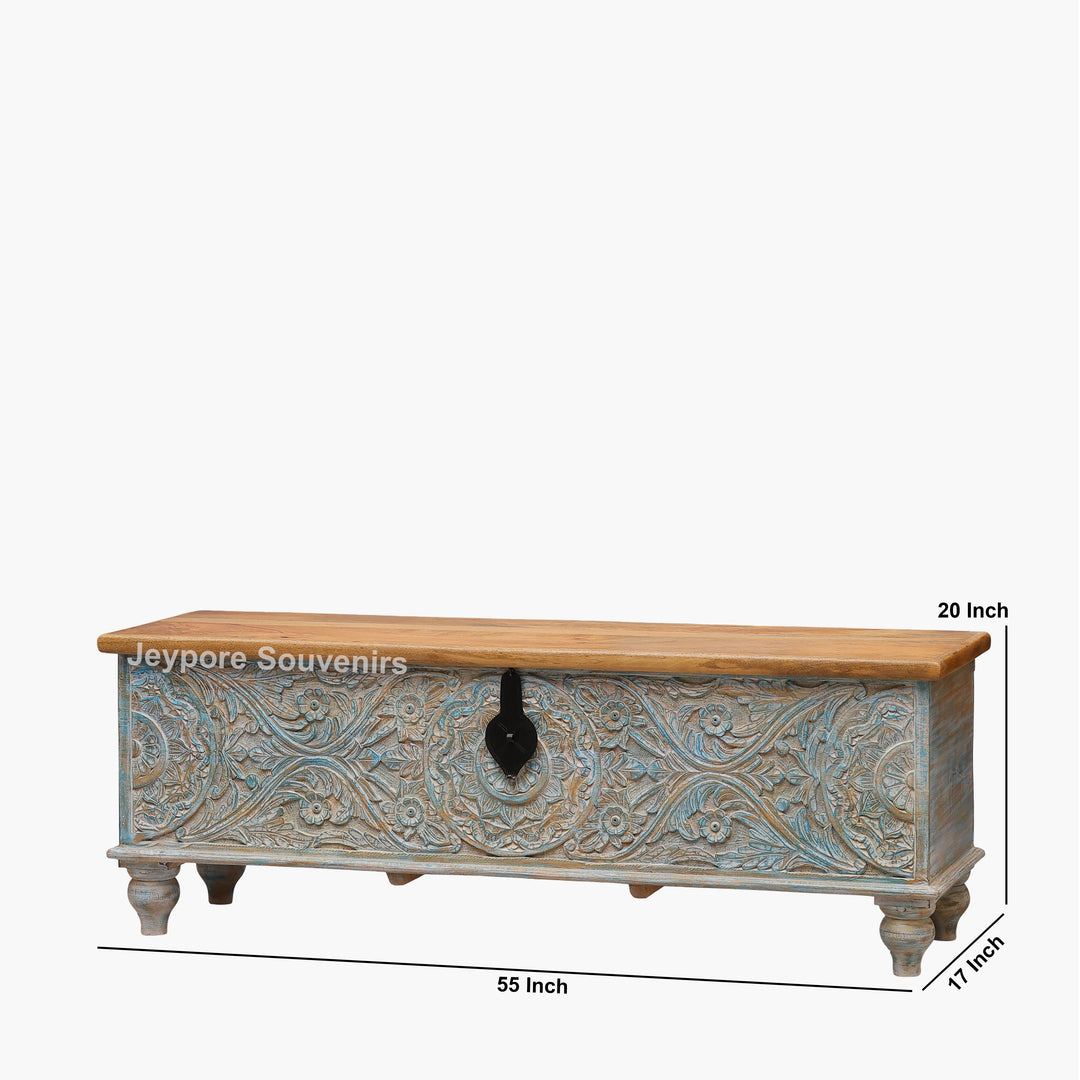 Hand-Carved Solid Wood Storage Trunk with Distressed Sky-Blue Finish