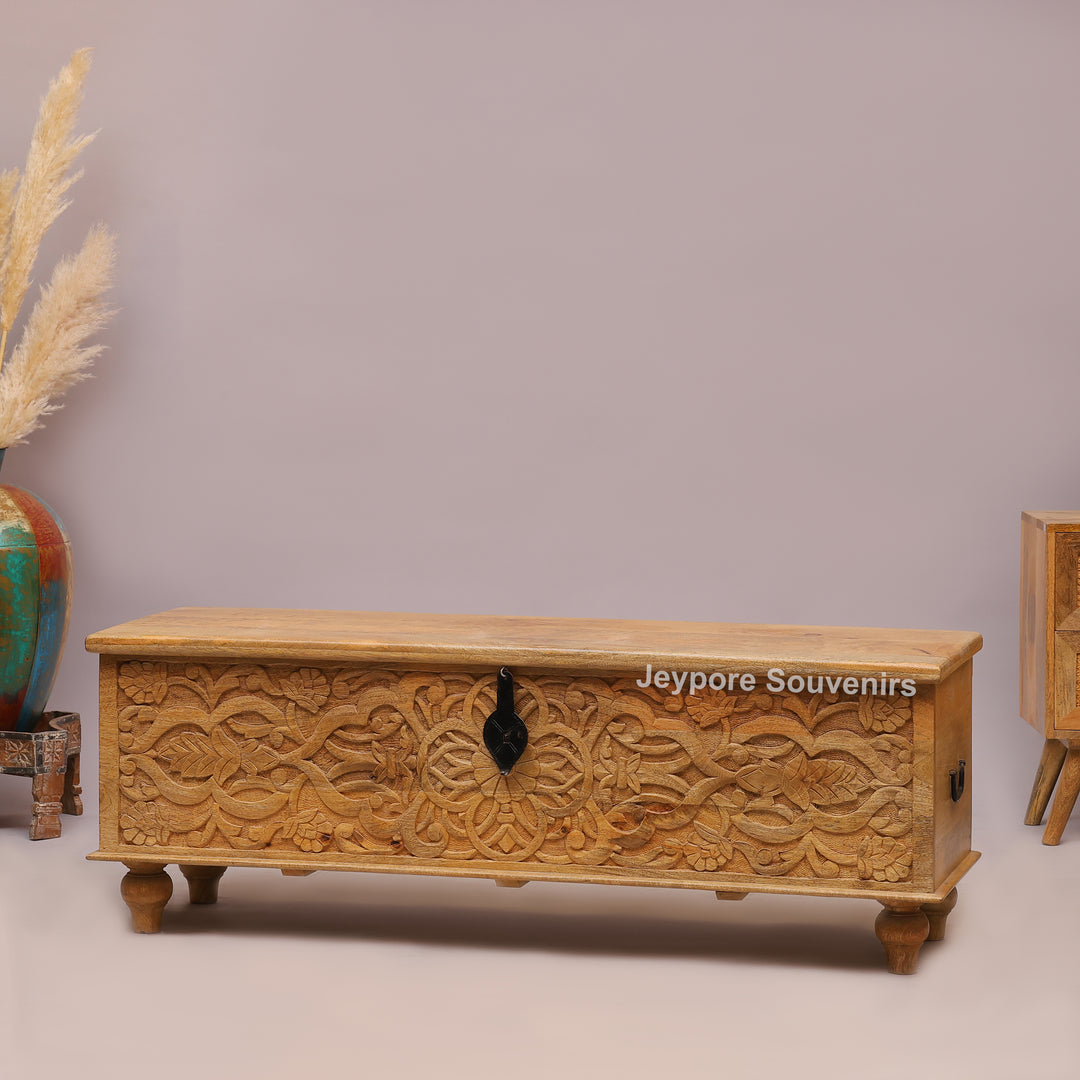 Hand-Carved Natural Mango Wood Storage Trunk with Floral Motif