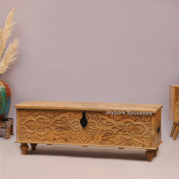Hand-Carved Natural Mango Wood Storage Trunk with Floral Motif