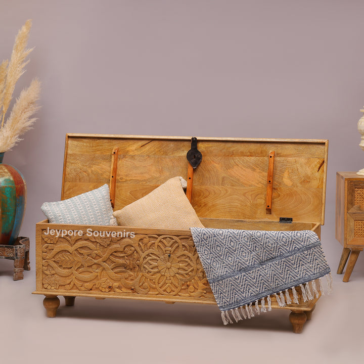 Hand-Carved Natural Mango Wood Storage Trunk with Floral Motif