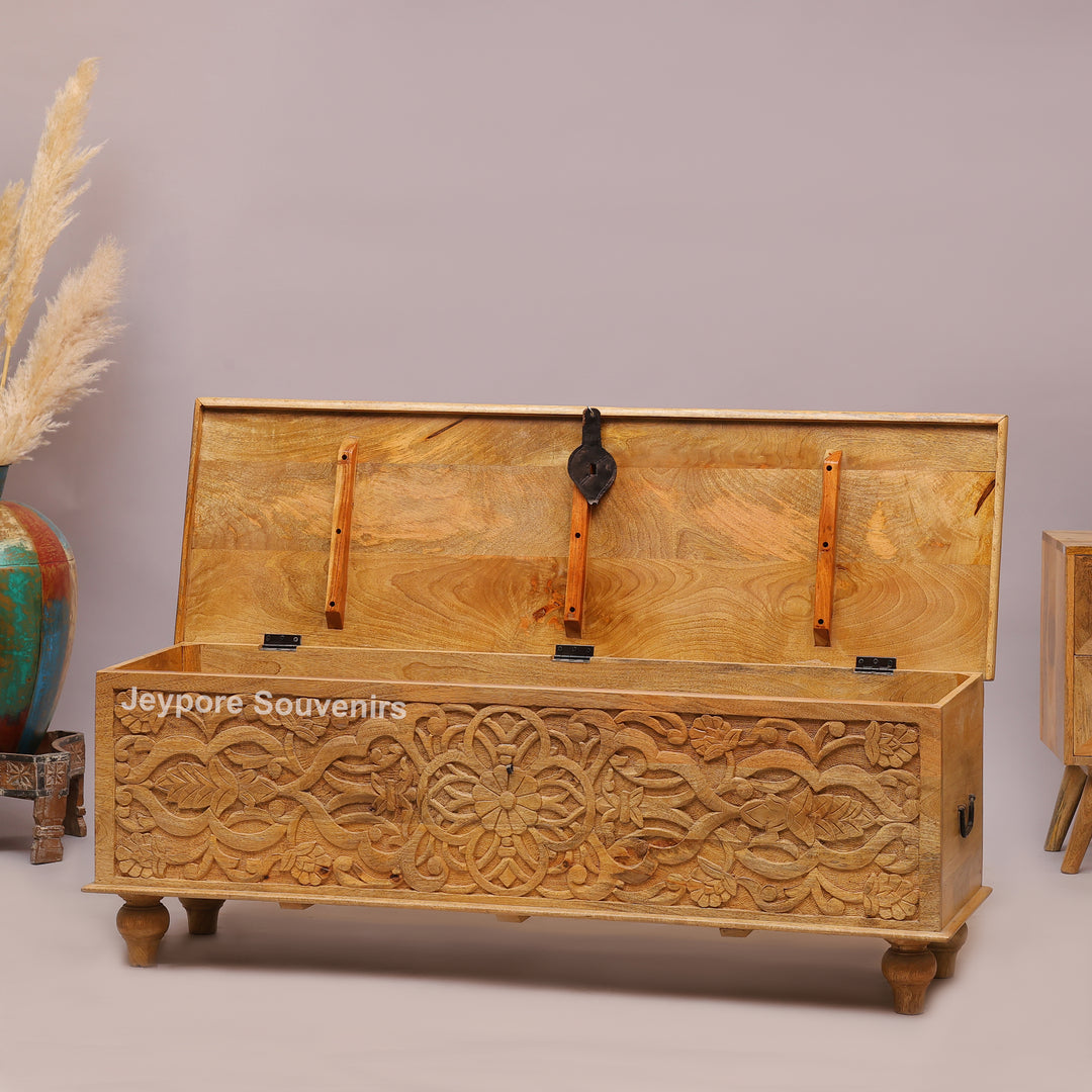 Hand-Carved Natural Mango Wood Storage Trunk with Floral Motif