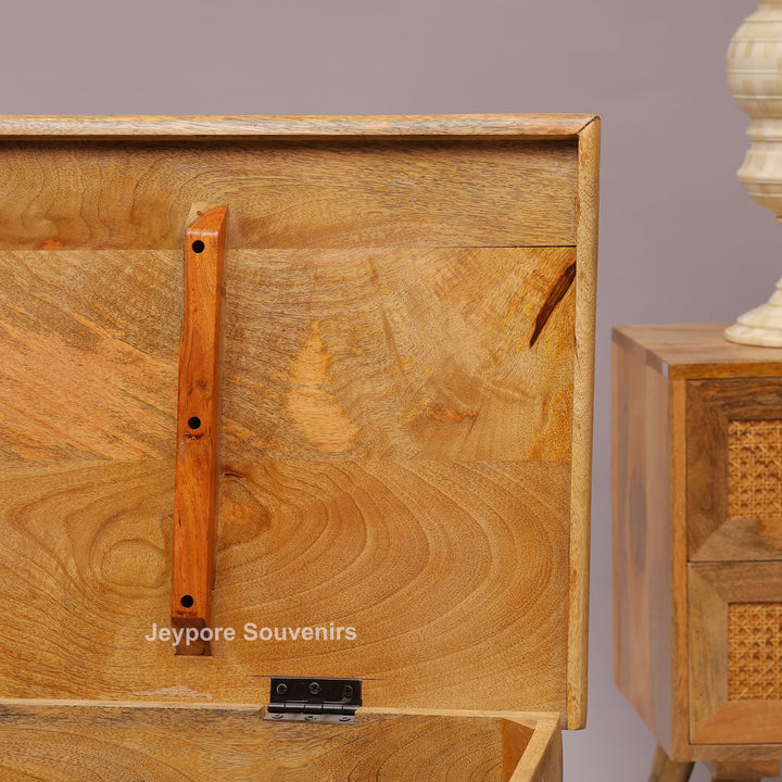 Hand-Carved Natural Mango Wood Storage Trunk with Floral Motif